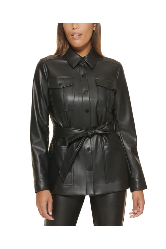 Petite Faux Leather Shirt Jacket Black 6P