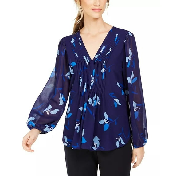 Calvin Klein Women's Floral Printed Pintuck-Pleated Blouse (XS, Royal Multi)