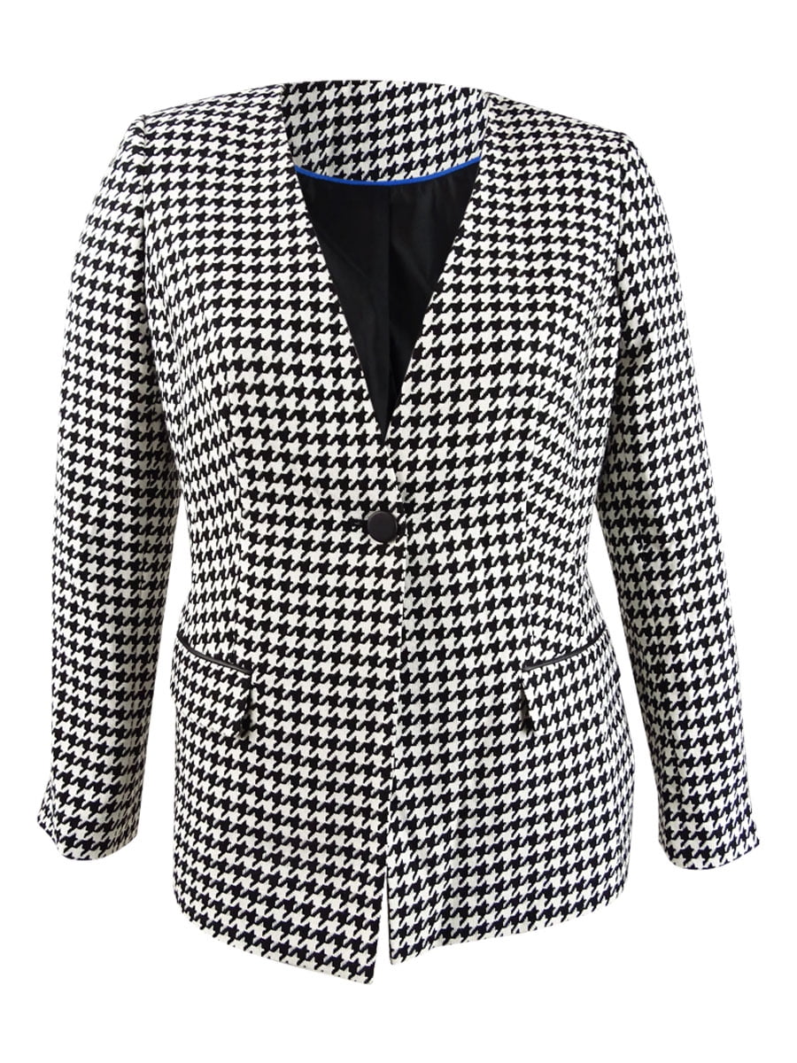 Calvin Klein Women's Houndstooth-Print Single-Button Blazer (10P, Black/Cream)