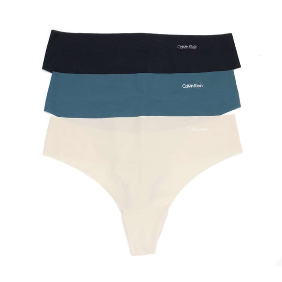 Calvin Klein Women's Invisibles 3 Pack Thong, Topaz Gemstone \ Buff Beige,XL - US