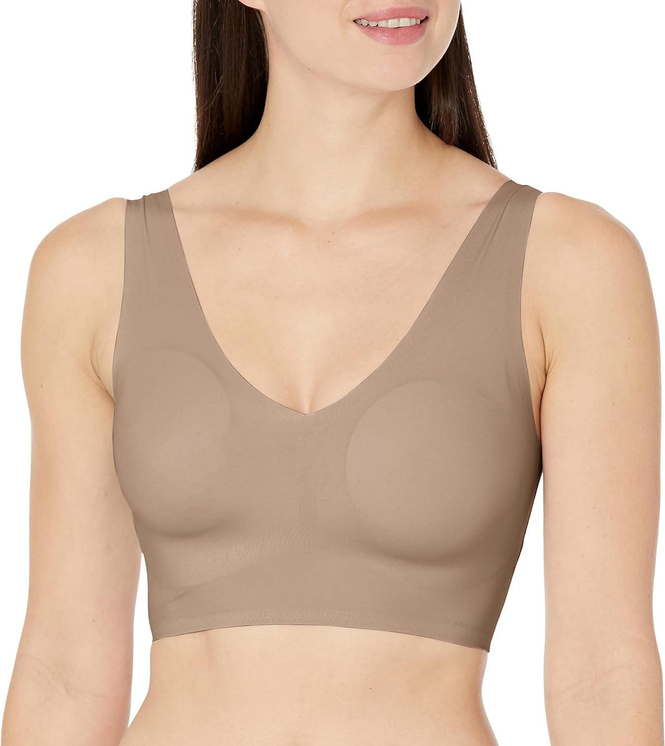 Calvin Klein Women's Invisibles Comfort Seamless Lightly Lined V Neck Bralette Bra, Mink, Small
