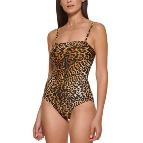 Calvin Klein Women's Leopard Print Strapless Tummy Control One Piece Swimsuit Brown Size 6