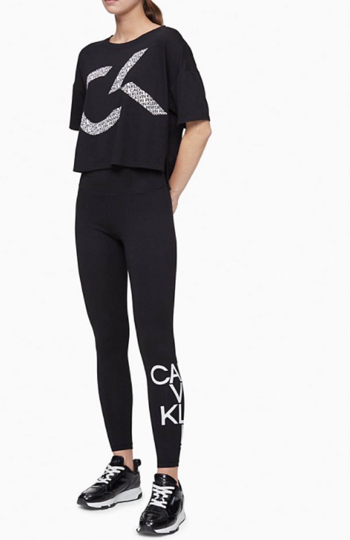 Calvin Klein Women's Logo High-Waist Leggings, Black/Silver Iridescent, M