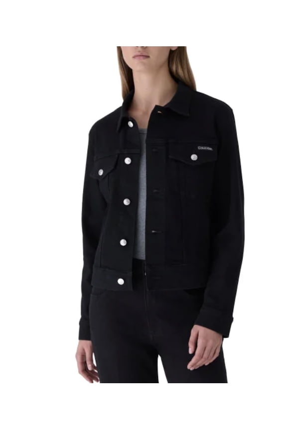 Women's Long Sleeve Button Up Denim Classic Trucker Jacket (Black, XX-Large)