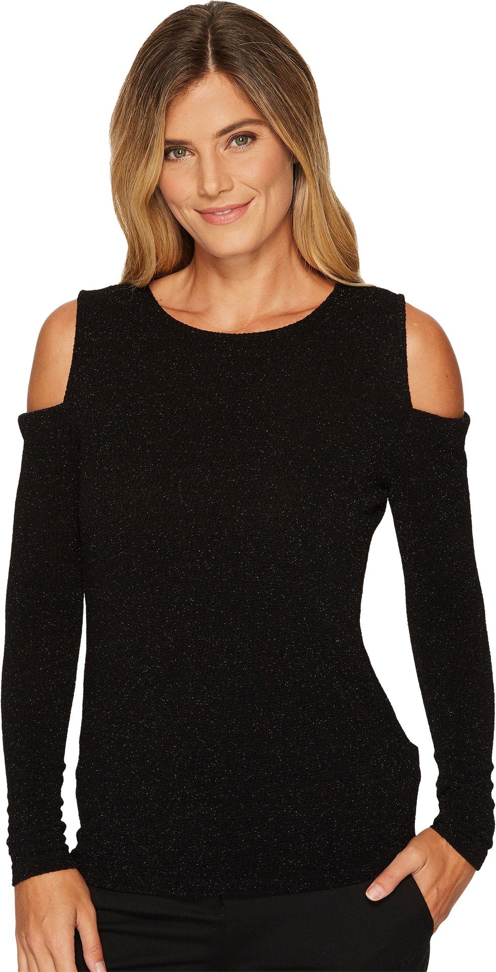 Calvin Klein Women's Long Sleeve Lurex Cold Shoulder Top Black X