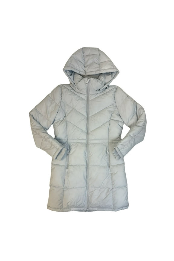 Women's Long Water Resistant Removable Hooded Puffer Jacket (Light Grey, S)