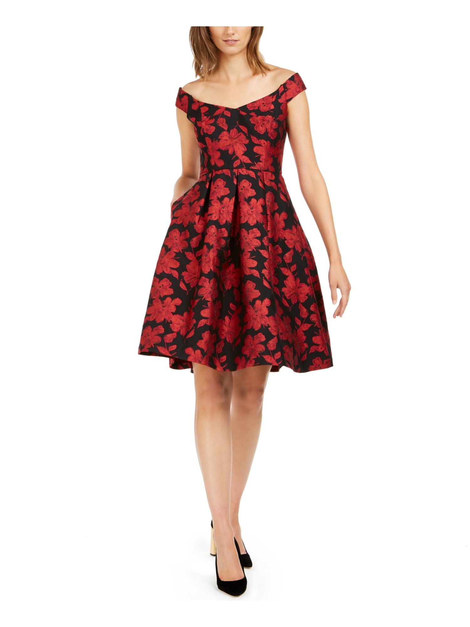 Calvin Klein Women s Off The Shoulder Brocade Floral Fit Flare Dress Black Size 6 Walmart