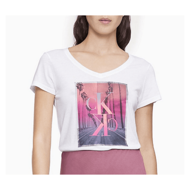 Calvin Klein Women s Palm Sunset V Neck T Shirt White XS Walmart