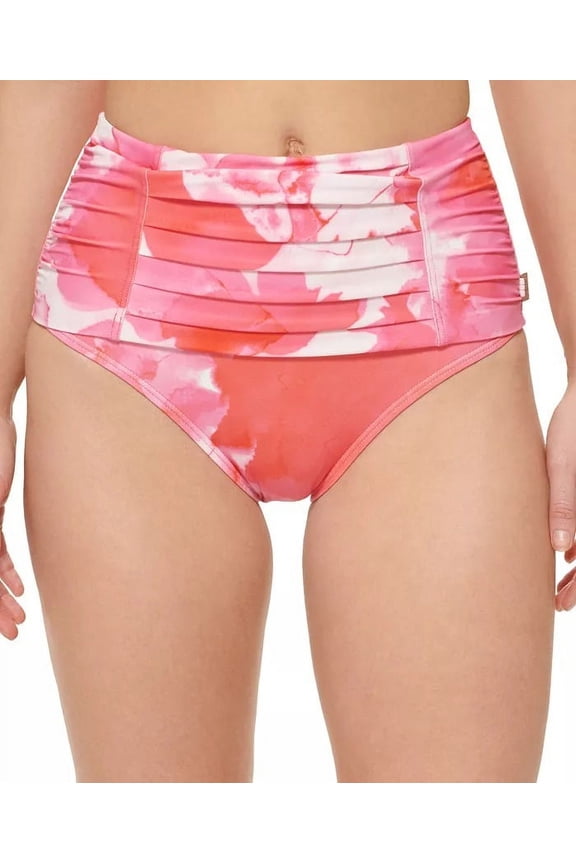 Women's Pleated High Waist Bikini Bottoms Swimsuit Pink Size Small