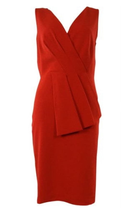 Women's Pleated V-Neck Back Sheath Dress (2, Red)