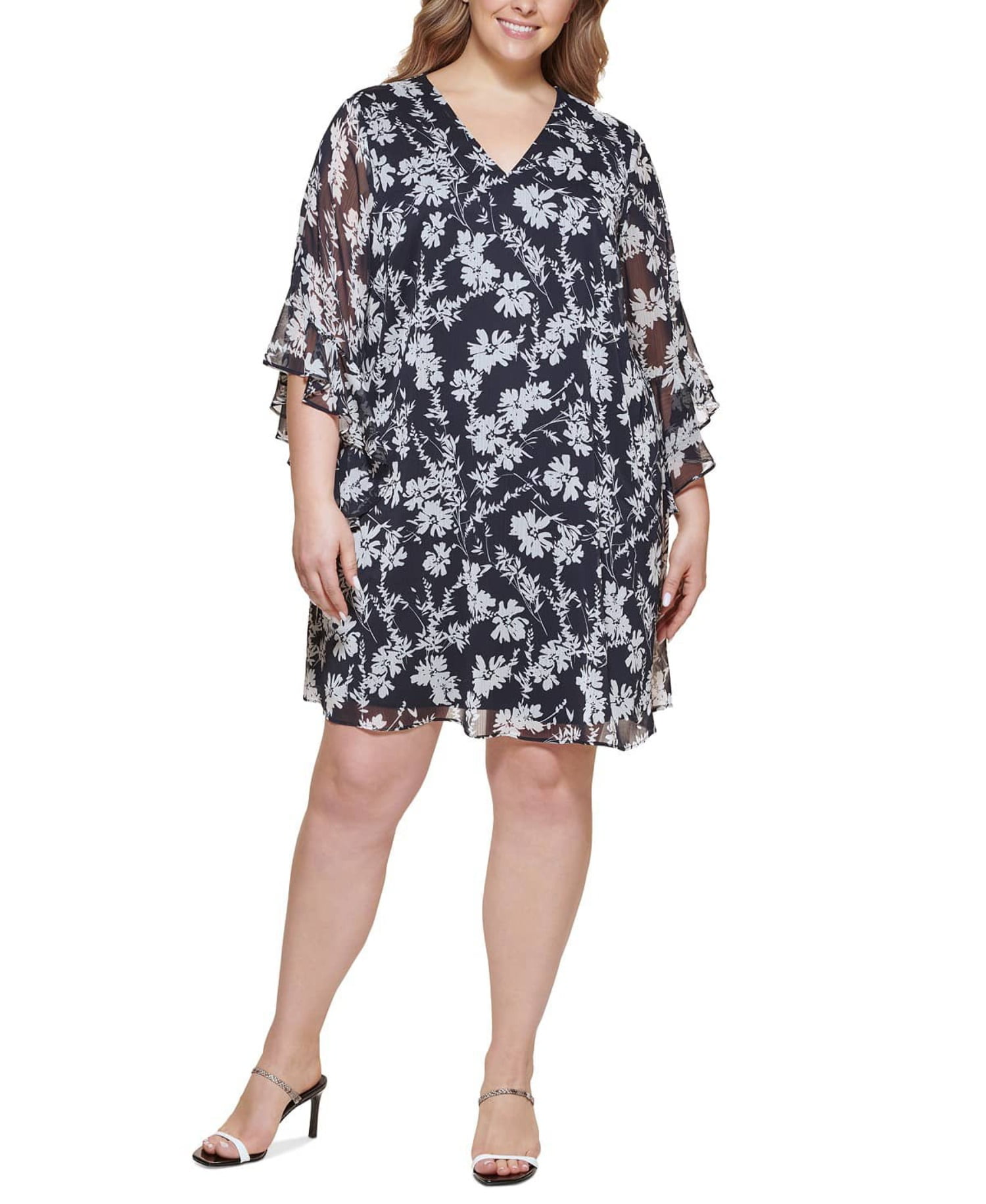 navy blue dress for baby girl Calvin Klein Women's 3/4 Sleeve V-Neck Floral Print A-Line Dress