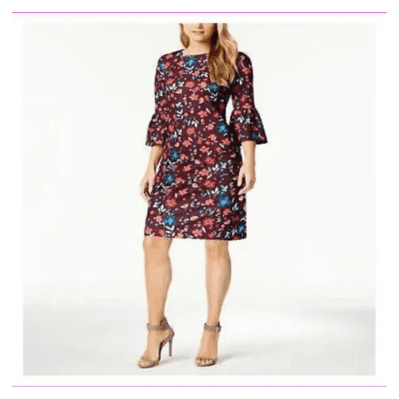 Calvin Klein Women's Printed Bell Sleeve Jewel Neck Sheath Dress 10/Aubergine Multi