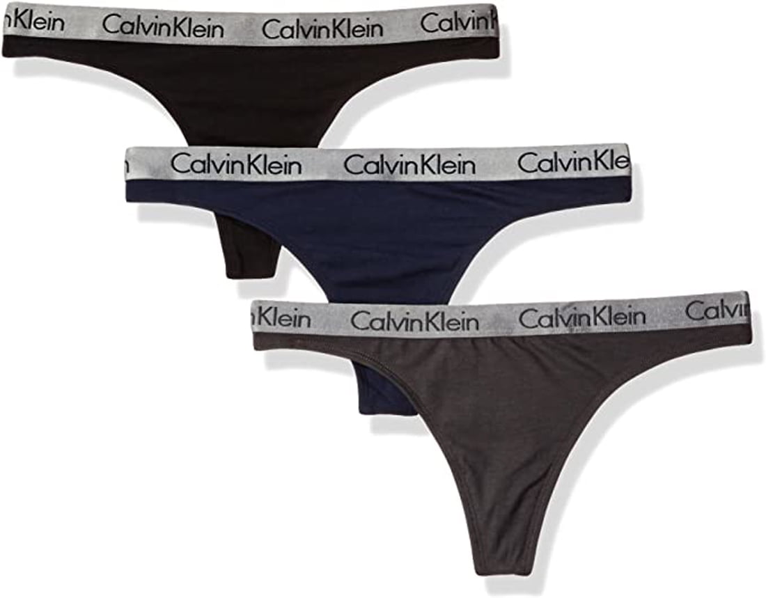 Calvin Klein Women's Radiant Logo Cotton 3 Pack Thong Panty, Black/Gray,  X-Large 