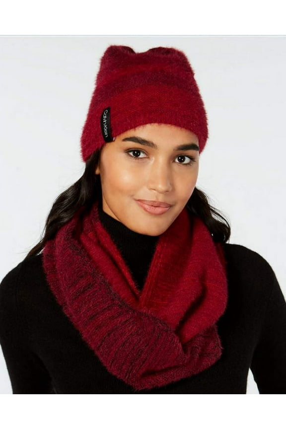 Women's Red Color Blocked Fuzzy 2 Pc Scarf & Hat Set, One Size