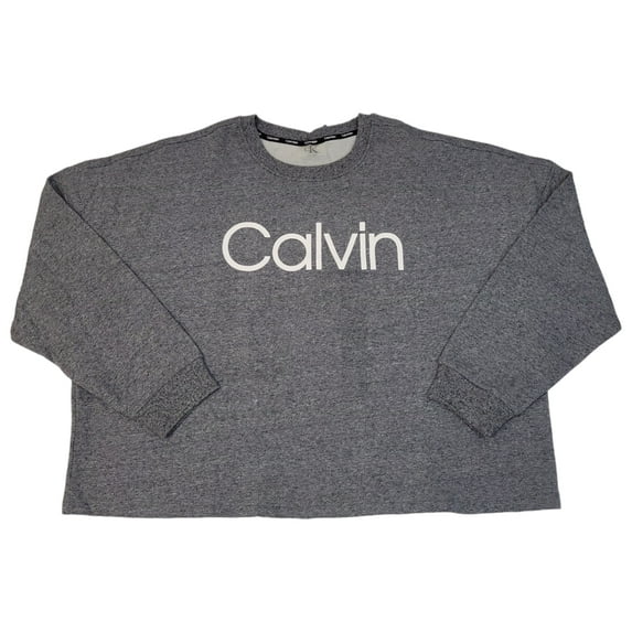 Calvin Klein Women's Relaxed Fit Logo Drop Shoulder Fleece Pullover Sweatshirt (Black Heather, L)
