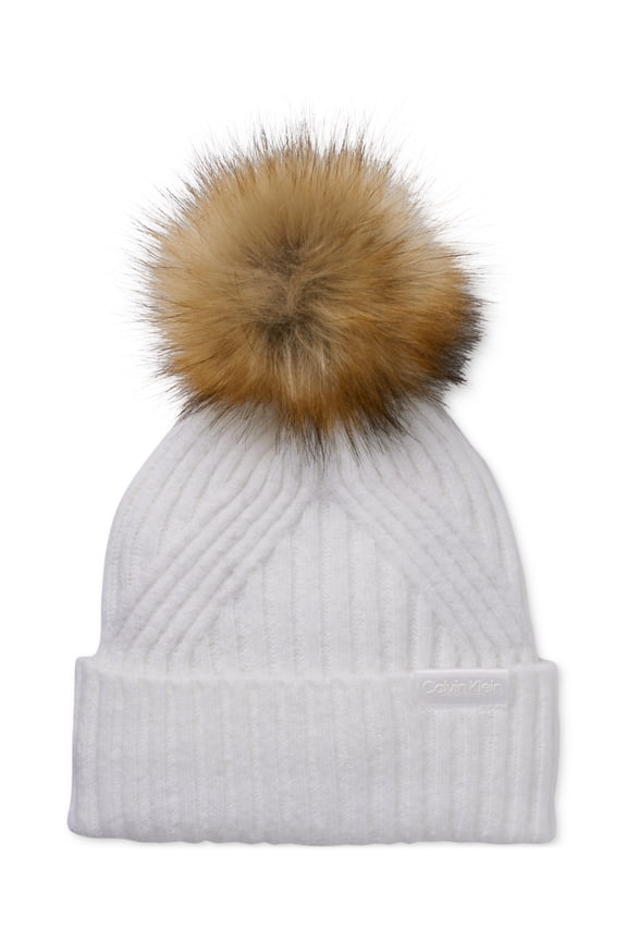 Womens Ribbed Furry Pom Pom Hat Cream
