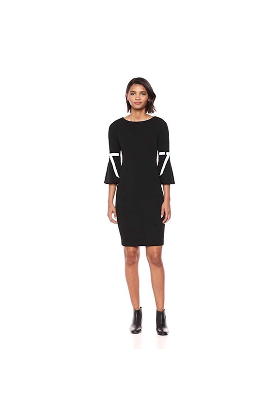 Women's Ribbon Bell-Sleeve Sheath Dress (4, Black/White)