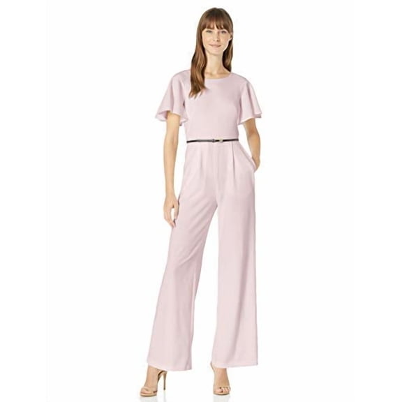 Calvin Klein Women's Short Flutter Sleeved Belted Jumpsuit, Petal, 10