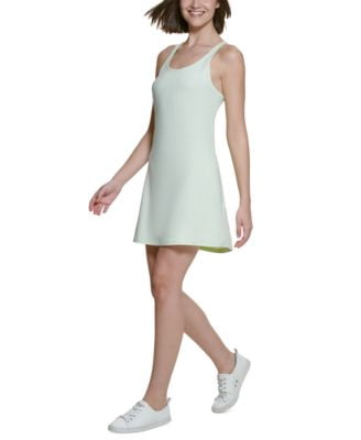 calvin klein round neck sleeveless illusion hem crepe a-line dress Colorblock Light Blue Spaghetti Strap