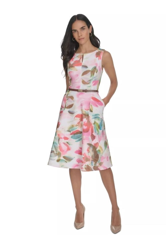 Women's Sleeveless Split Neck Belted Crepe A-line Dress,6