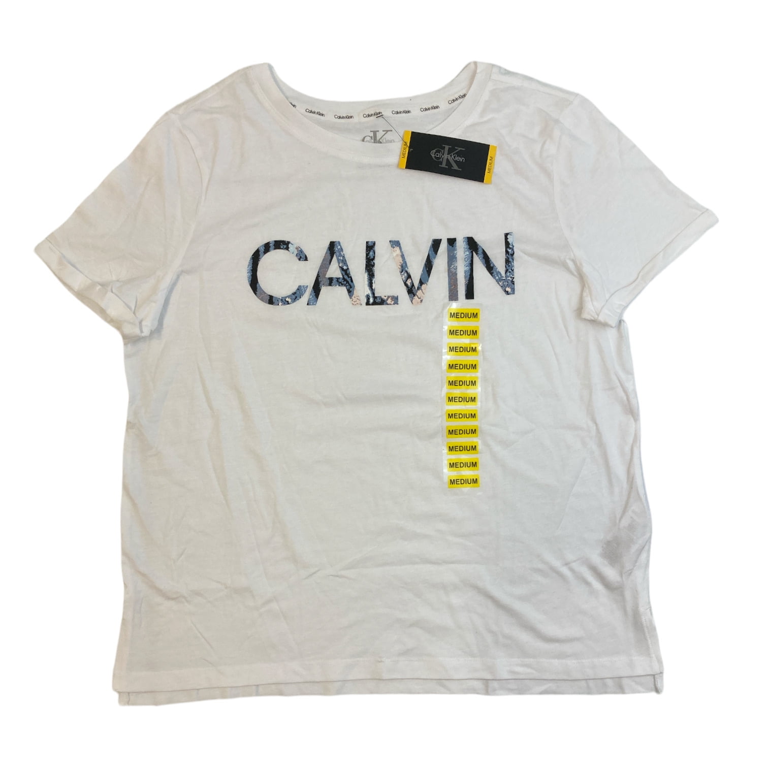Calvin Klein Women\'s Soft Crew Neck Rolled Sleeve Graphic Logo T-shirt  (Americana Camo/White, M)