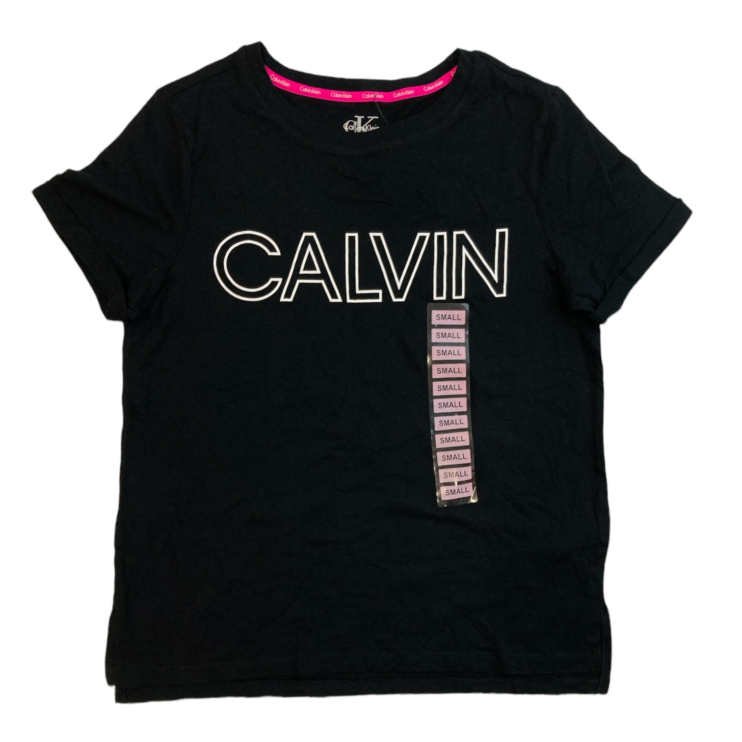 Calvin Klein Women\'s Soft S) Sleeve Rolled Logo T-shirt Graphic Neck Crew (Black/White