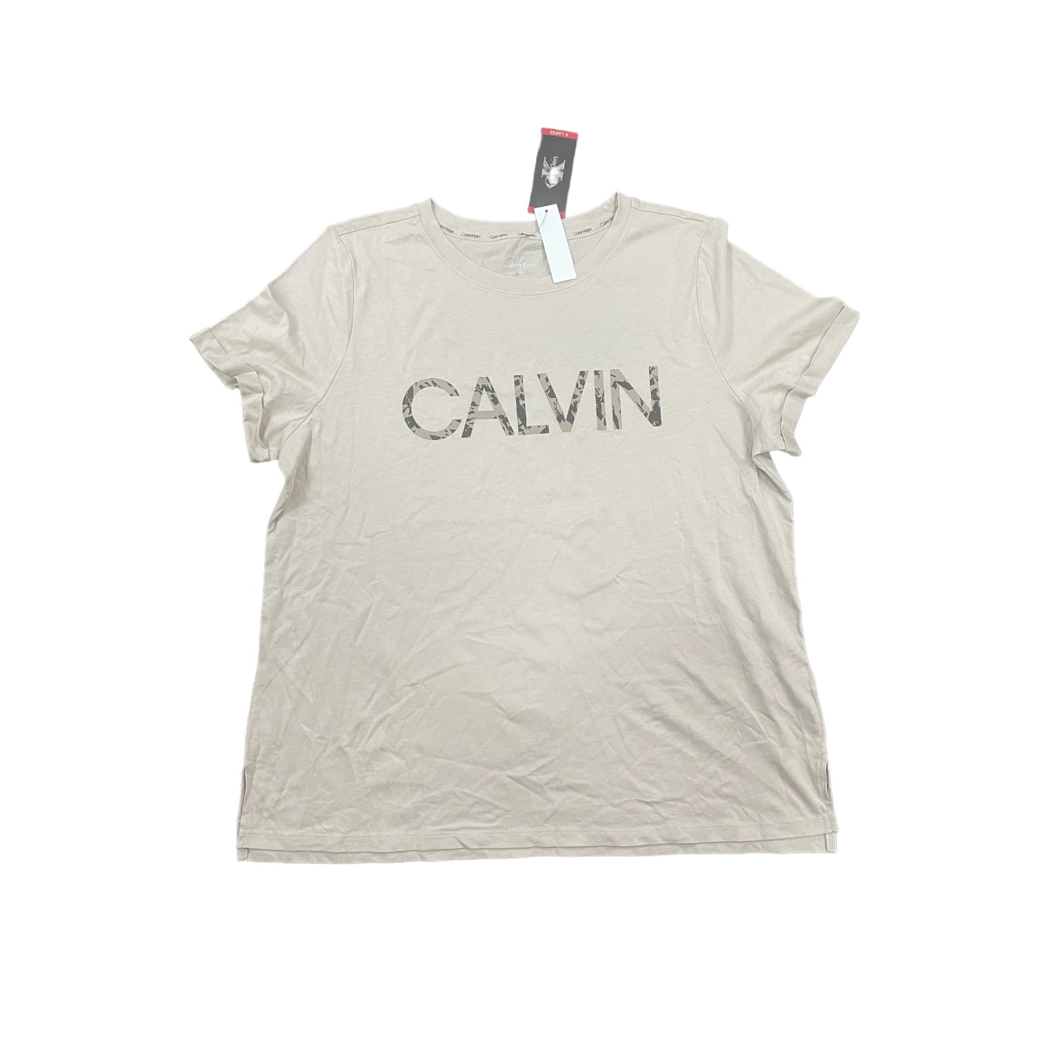Neck T-shirt Sleeve Soft M) Logo Rolled Women\'s Crew Calvin Camo/White, Klein (Americana Graphic
