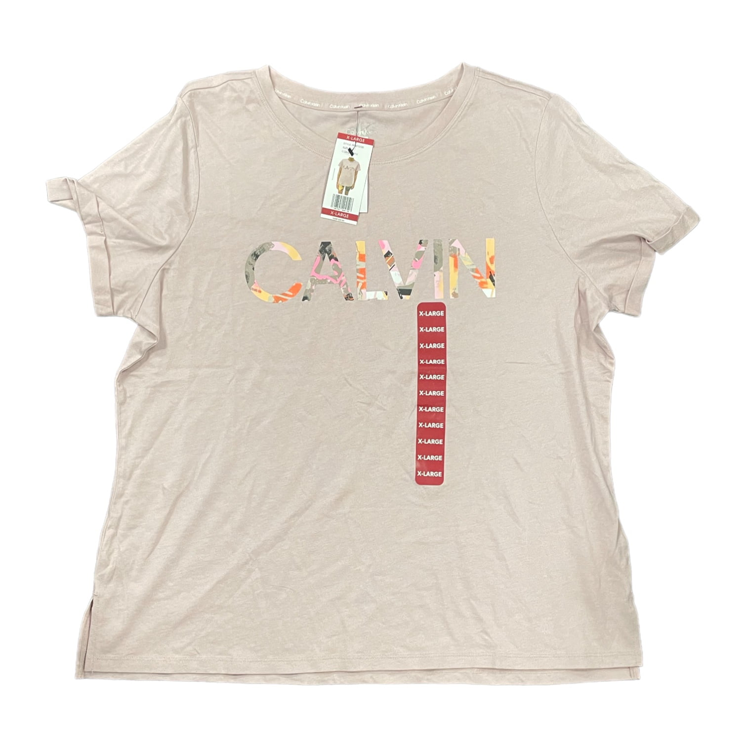 Calvin Klein Women\'s Soft Crew T-shirt Logo Graphic (Americana Camo/White, M) Rolled Neck Sleeve