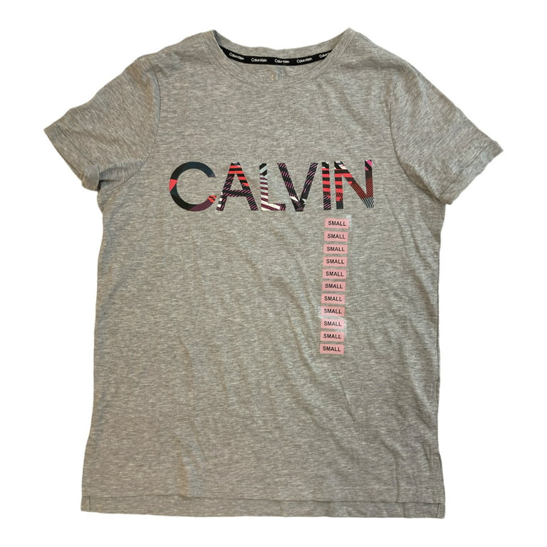Calvin Klein Women's Soft Crew Neck Rolled Sleeve Graphic Logo T-shirt (Geo  Shift Berry/Heather Grey, XS)