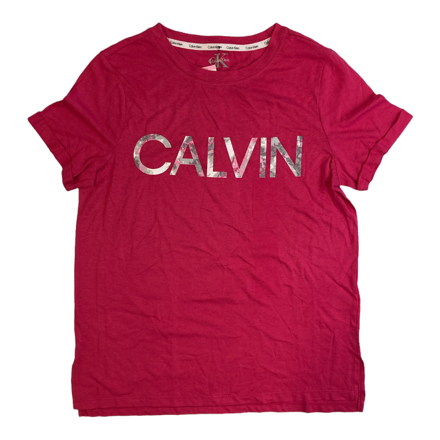Logo T-shirt Women\'s Camo/White, Klein Calvin Neck Crew Soft Graphic M) Rolled Sleeve (Americana