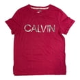 thumbnail image 1 of Calvin Klein Women's Soft Crew Neck Rolled Sleeve Graphic Logo T-shirt (Peony Enlighten Candy, L), 1 of 1