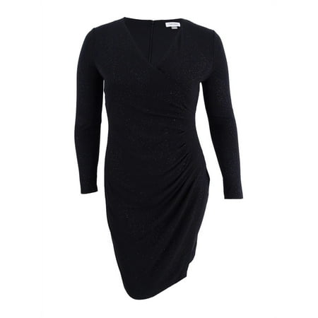 Calvin Klein Women's Sparkle Ruched Faux-Wrap Dress (16, Black)