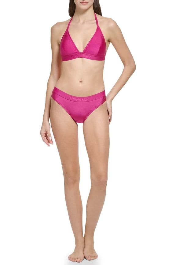 Women's Standard Removable Soft Cups Bottom Shimmer Fabric Halter Tie Bikini Top 2 Piece Set