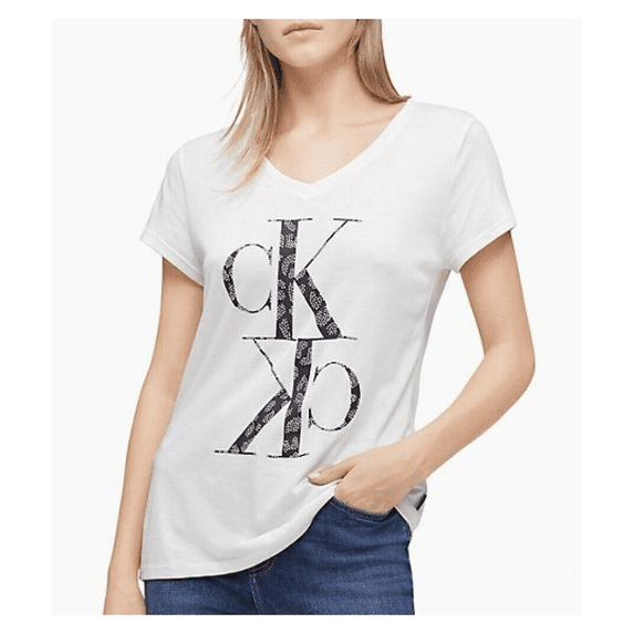 Calvin Klein Women's Studded Animal Mirror Monogram Logo V-Neck TShirt -Ivory-XS