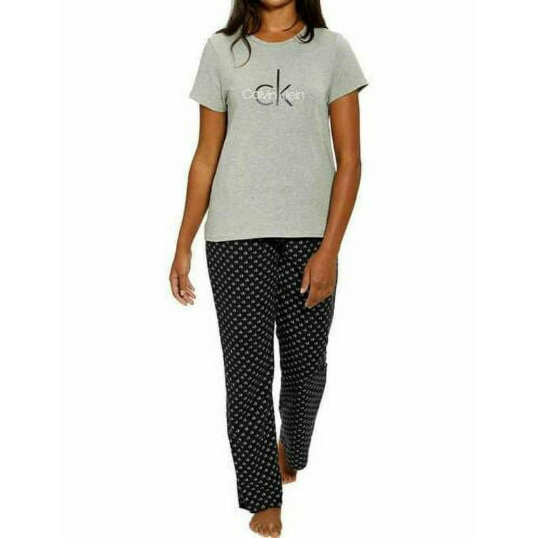 Calvin Klein Womens 2 piece Fleece Sleepwear Pajama Set,Grey/Black,Large