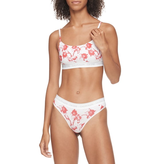 Calvin Klein Womens Bralette in Unlined One Logo Stripe,Lilium Print_Strawberry Shake,X-Small
