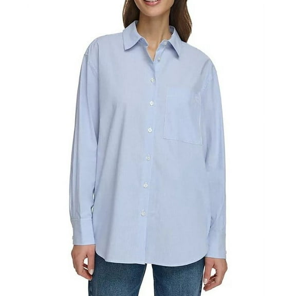 Calvin Klein Womens Button Down Top (Blue and White Combo, Medium)