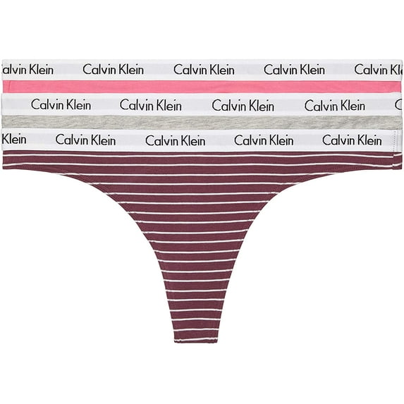 Calvin Klein Womens Carousel Logo Cotton Thong Panty 3 Pack 3 Feeder Striperipe Berry/Grey Heather/Pink Smoothie X-Large