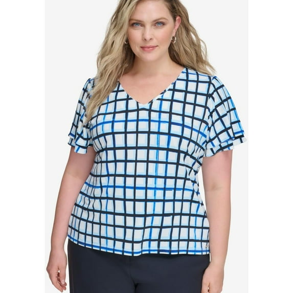 Calvin Klein Womens Checkered Peasant Blouse, Multicoloured, Plus Size, 2X