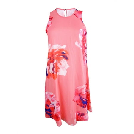 Calvin Klein Womens Chiffon Petite Floral-Print Trapeze Dress(2P Coral Multi)
