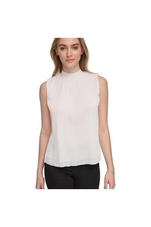 Womens Plisse Mock Neck Halter Top Shirt, White, X-Large