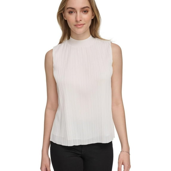 Calvin Klein Womens Plisse Mock Neck Halter Top Shirt, White, X-Large