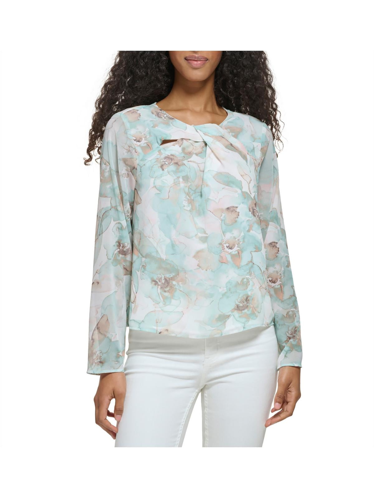 Calvin Klein Women's Tie Front Chiffon Peasant Blouse Pink Size Large