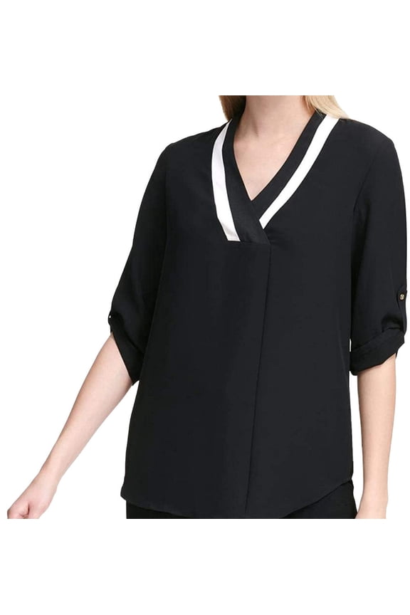 Womens Contrast Neck Roll Tab Sleeve Top;XS