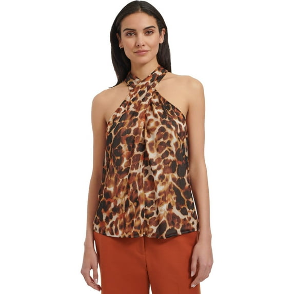 Calvin Klein Womens Crisscross Neck Sleeveless Blouse Top, Brown, Medium
