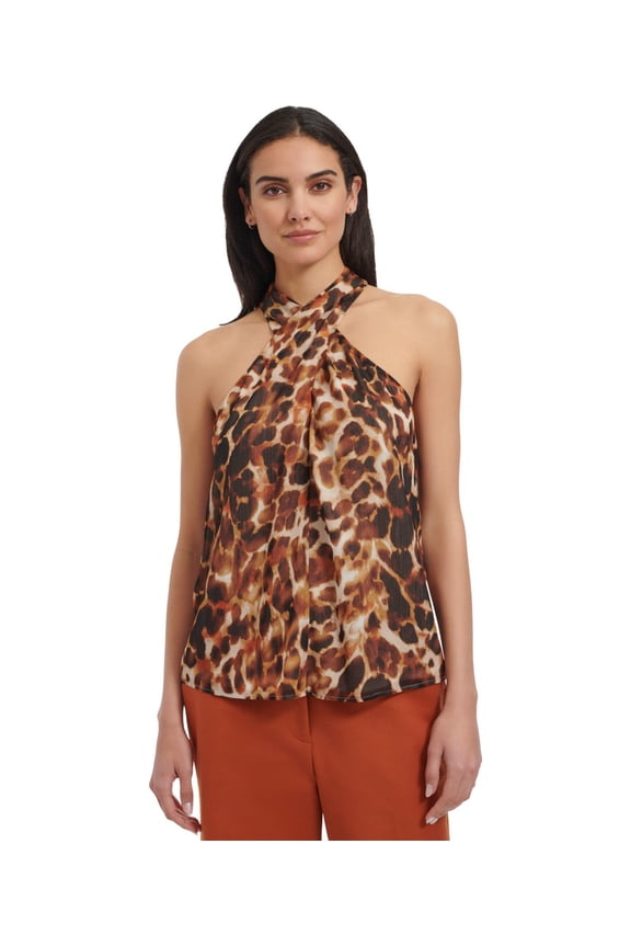 Womens Crisscross Neck Sleeveless Blouse Top, Brown, X-Large