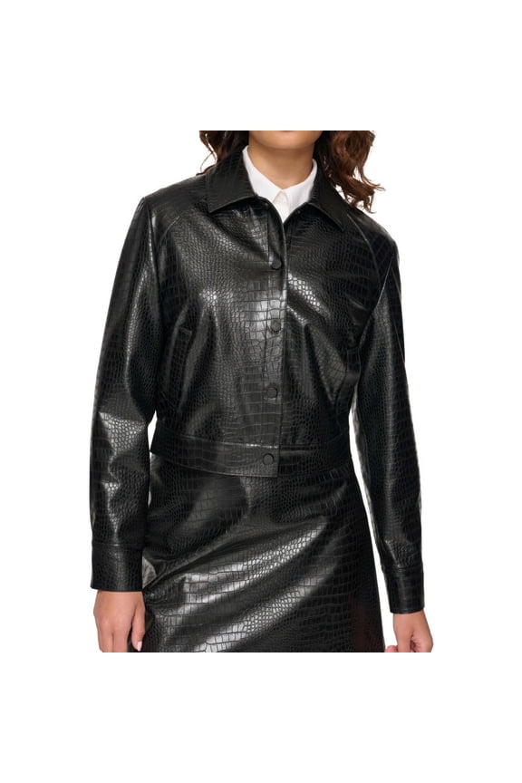 Womens Crocodile Faux-Leather Jacket, Black, Petite, 12P