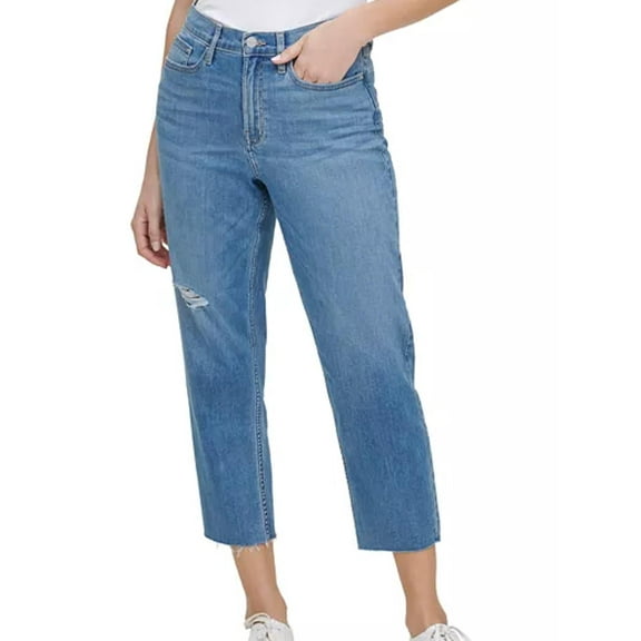 Calvin Klein Womens Cropped High-Rise Straight-Leg Jeans