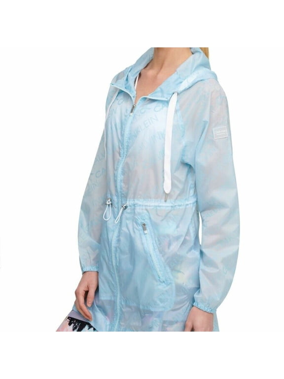 Womens Crystal Blue Logo-Print Hooded Rain Jacket Size L $129