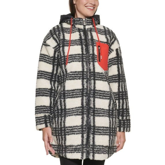 Calvin Klein Womens Curly Plaid Removable-Hood Jacket